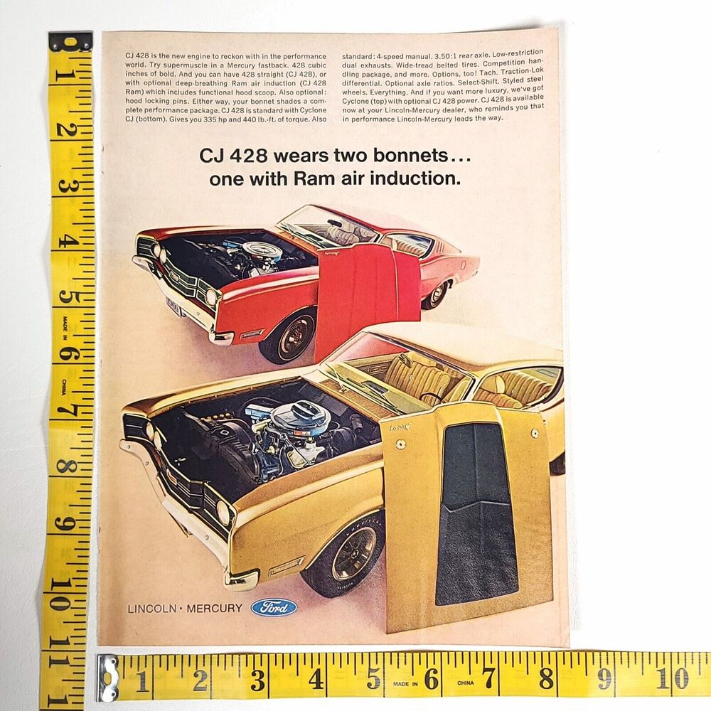 1969 Mercury Cyclone CJ 428 Vintage Print Ad Hot Rod Magazine Muscle Car Decor